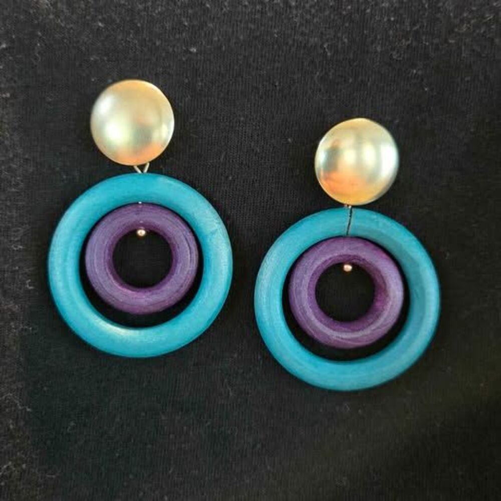 Statement Wooden Circle Drop Earrings Turquoise Purple